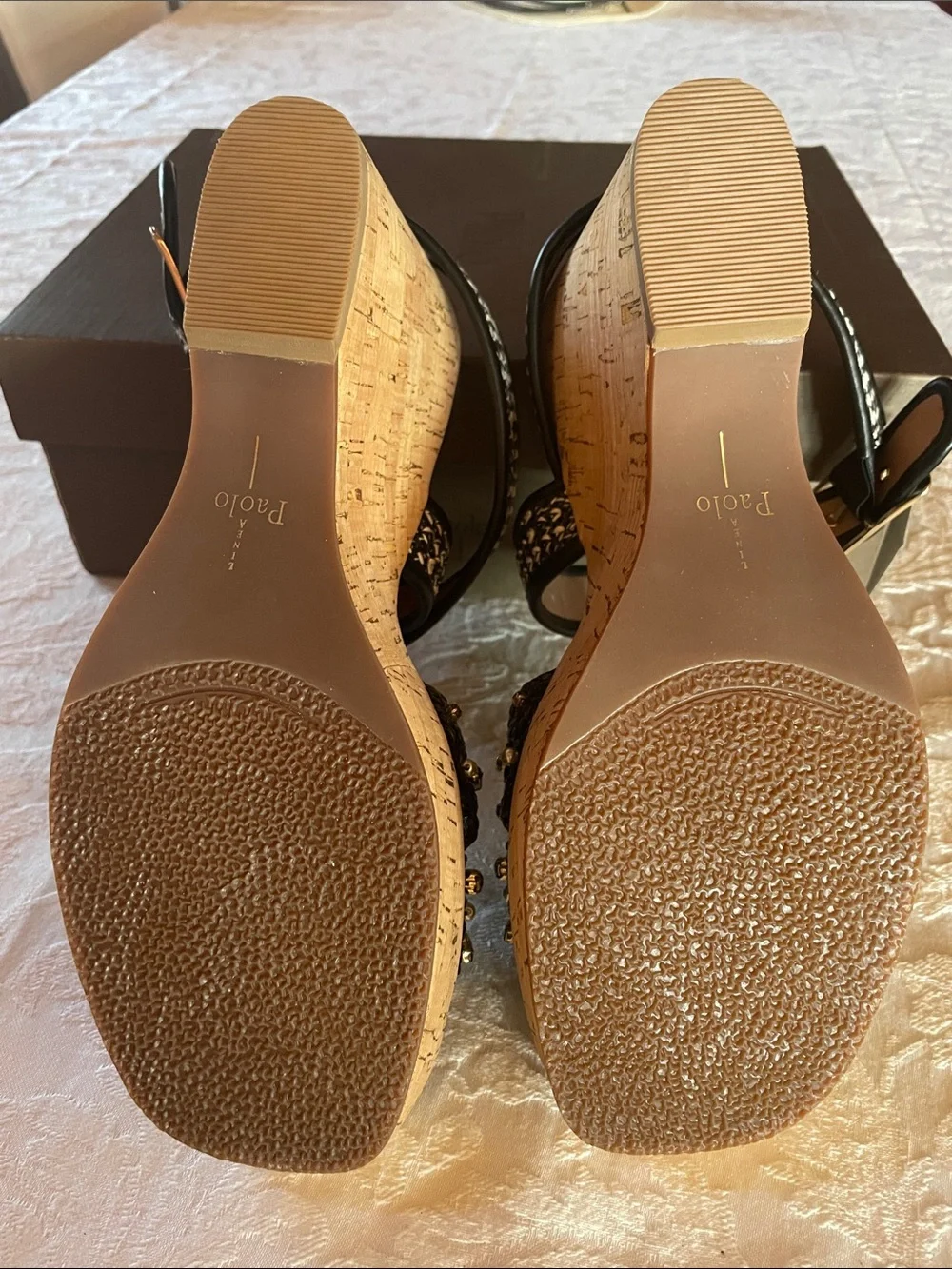 Paolo Black & Cork Beaded Pearl Wedge Sandals